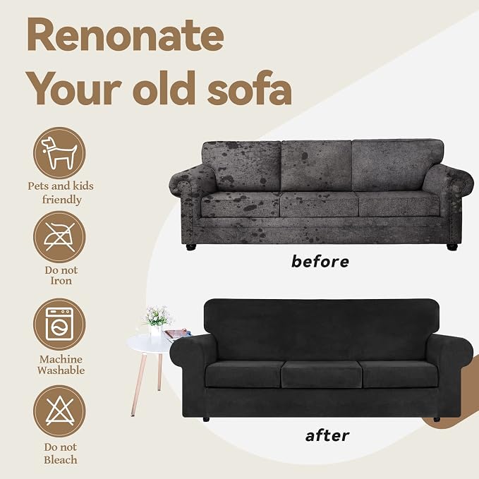 WEERRW 4 Pieces Couch Cover for Sofa Velvet Sofa Covers Washable, Black | Sofa Covers for 3 Cushion Couch Furniture Protector Sofa Slipcovers with Non Slip Elastic Bottom, Pet Friendly, Large