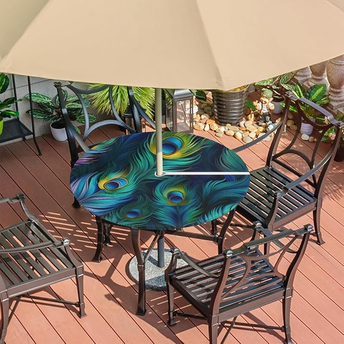 Fitted Round Tablecloth with Umbrella Hole and Zipper Peacock Outdoor Elastic Table Cloth 36"-44" Oil-Proof Waterproof Peacock Feather Patio Table Cover for Picnic Party