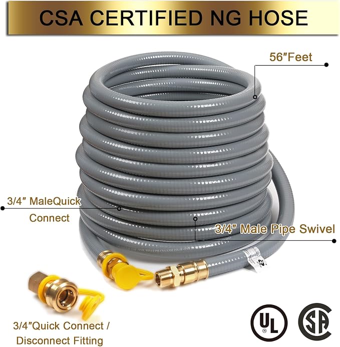 56 Feet 3/4-inch ID Natural Gas Hose with Quick Disconnect | Fittings for NG/LP Propane Appliances, Grill, Patio Heaters, Generators, Pizza Oven, etc. Useful Indoors & Outdoors