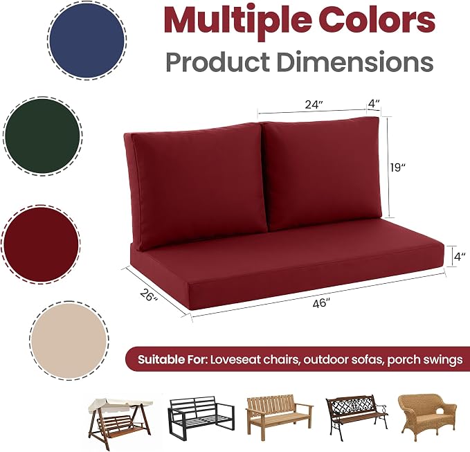 Outdoor Loveseat Cushion Set, 46" x 26", Loveseat Cushions for Outdoor Furniture, Waterproof & Fade-Resistant Patio Furniture Cushions, for Bench, Swing, and Couch, Burgundy