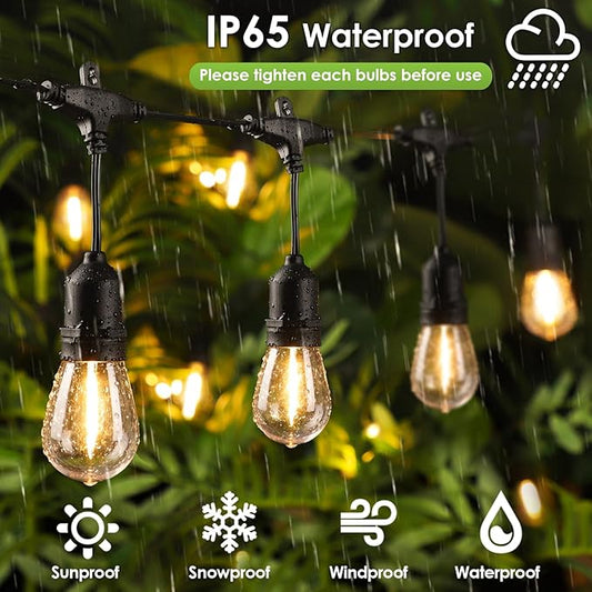 Larkvue 96FT(2 * 48FT) Outdoor String Lights with Remote, Dimmable Patio Lights with 30+4 Bulbs 3 Modes 4 Level Timers for Balcony Porch, Black 2 Pack