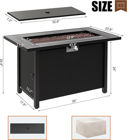 44 inch Propane Fire Pit Table, 50,000 BTU Outdoor Gas Fire Pit Table with Lid, Waterproof Cover, Rectangle Gas Firepit Table for Garden/Patio