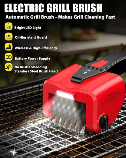 Electric Grill Brush-Bristle-Free Spinning-Grill-Cleaning-Brush-Outdoor-Automatic-BBQ-Grill-Cleaner with LED,Dual-Speed Motor,4500mAh Rechargeable Motorized Power Barbecue Safe Heavy Duty Tool