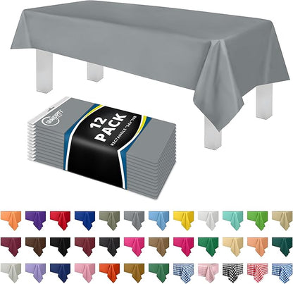 Grandipity 12 Pack Premium Disposable Plastic Tablecloth 54 Inch. x 108 Inch. Decorative Rectangle Table Cover - Silver