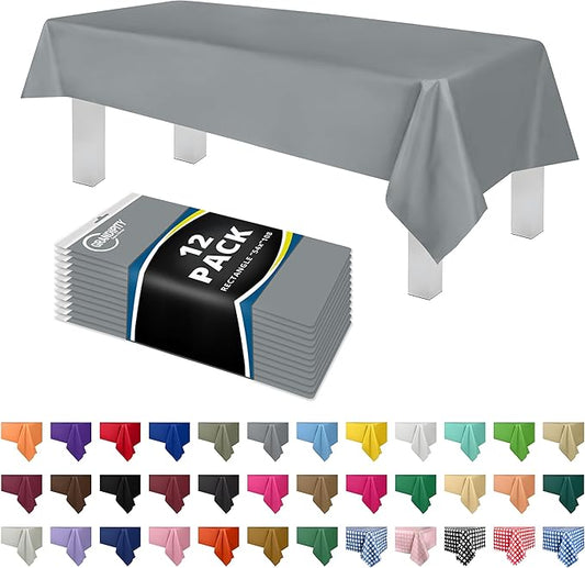 Grandipity 12 Pack Premium Disposable Plastic Tablecloth 54 Inch. x 108 Inch. Decorative Rectangle Table Cover - Silver