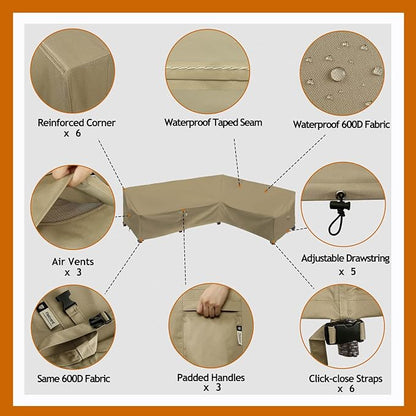 Heavy Duty Outdoor Sectional Sofa Cover, 115"X83" L-Shaped Waterproof 600D Patio Couch Cover, Lawn Patio Furniture Covers (Desert Khaki, L-Shaped-Right Facing-115 x83)