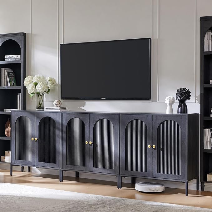 IFBUY Modern Sideboard Buffet Cabinet, 92.63" W Fluted Arched Buffet Cabinet with Storage and Adjustable Shelves, Wooden Modular Coffee Bar Cabinets for Kitchen, Entryway, Dark Grey