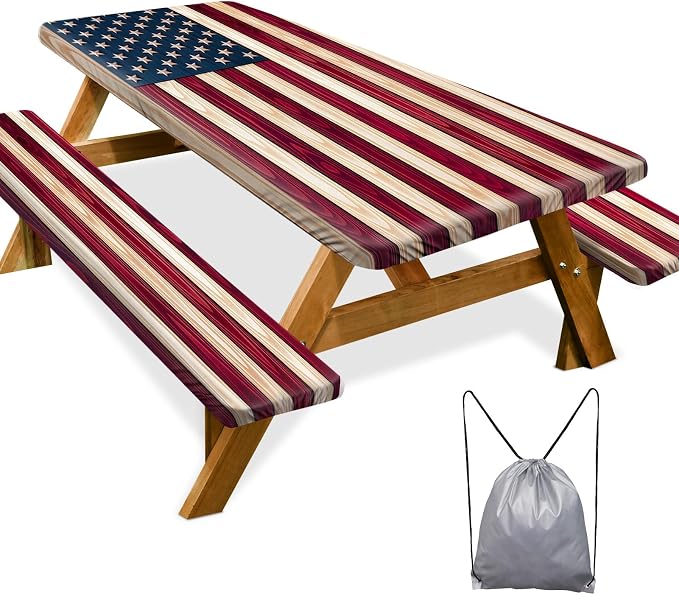 Picnic Table Cover Bench Covers Camping Essentials Tablecloth | Waterproof Vinyl for Outdoor, Windproof Elastic Fitted Edges, RV BBQ Accessories Must Haves, Storage Bag Included