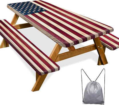 Picnic Table Cover Bench Covers Camping Essentials Tablecloth | Waterproof Vinyl for Outdoor, Windproof Elastic Fitted Edges, RV BBQ Accessories Must Haves, Storage Bag Included