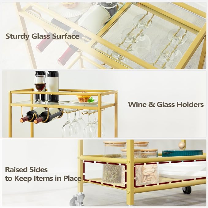 MAHANCRIS Gold Bar Cart, Beverage Cart with Wheels, Bar Cart for The Home, 2-Tier Drink Cart with Wine Rack and Glass Holder, Kitchen, Dining Room, Gold RCJ63B01ZN1