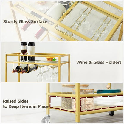 MAHANCRIS Gold Bar Cart, Beverage Cart with Wheels, Bar Cart for The Home, 2-Tier Drink Cart with Wine Rack and Glass Holder, Kitchen, Dining Room, Gold RCJ63B01ZN1