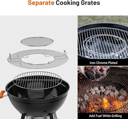 KEYO GRILL 22.5-inch Kettle Charcoal Grills, Portable Charcoal Grill with Adjustable Vents, One Click Cleaning System, Foldable Side Table Outdoor BBQ Grill for Camping, Tailgating and Backyard
