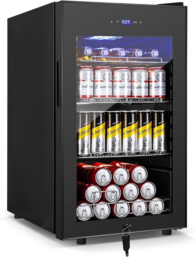 Velivi 17Inch Beverage Refrigerator and Cooler Freestanding, 96 Cans Mini Fridge with glass door and Lock, Small Drink Fridge for Soda, Beer, Wine, For Home Bar Office with LED Light