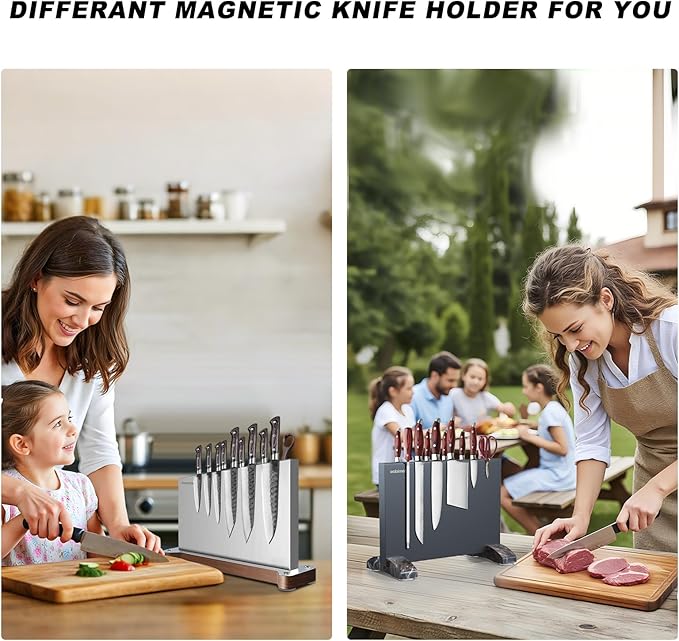 Magnetic Knife Holder Stand,Large Double Sided Magnetic Knife Block WIthout Knives Stainless Steel Magnet Kitchen Knife Holder Strong Magnetic Knife Rack Storage With Three Magnet Strip