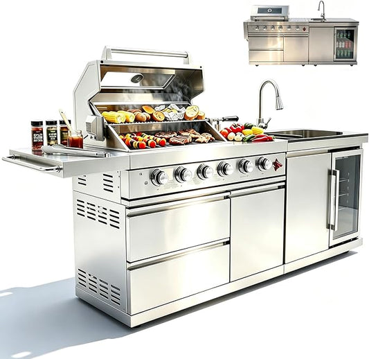 84" Modular Outdoor Kitchen Island, 75,300 BTU 6-Burner 304 Stainless Steel Gas Grill, Prefab BBQ Island Station with Side Burner, Rotisserie Kit, 70L Fridge & Sink, Propane to Natural Gas Ready