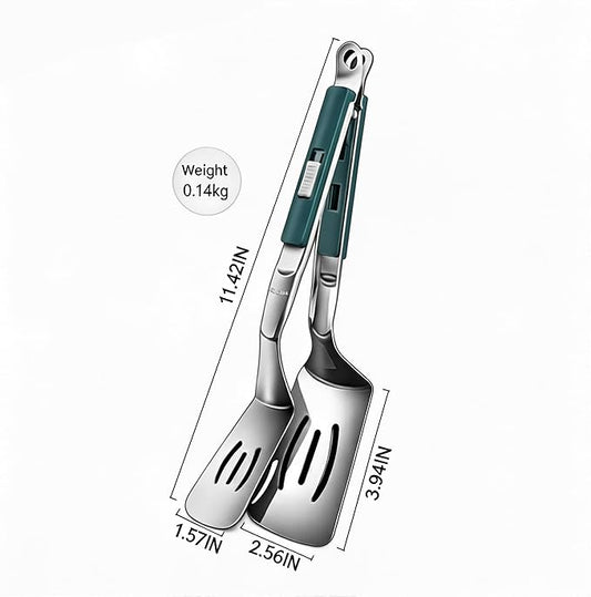2 Pcs Spatula Tongs, 2026 Upgraded 2-in-1 Stainless Steel Grill Clamp Spatula,Heavy Duty Cooking Tongs with Anti-Scald Locking Handle, 304 Food-Grade Double Spatula for BBQ, Frying, Camping