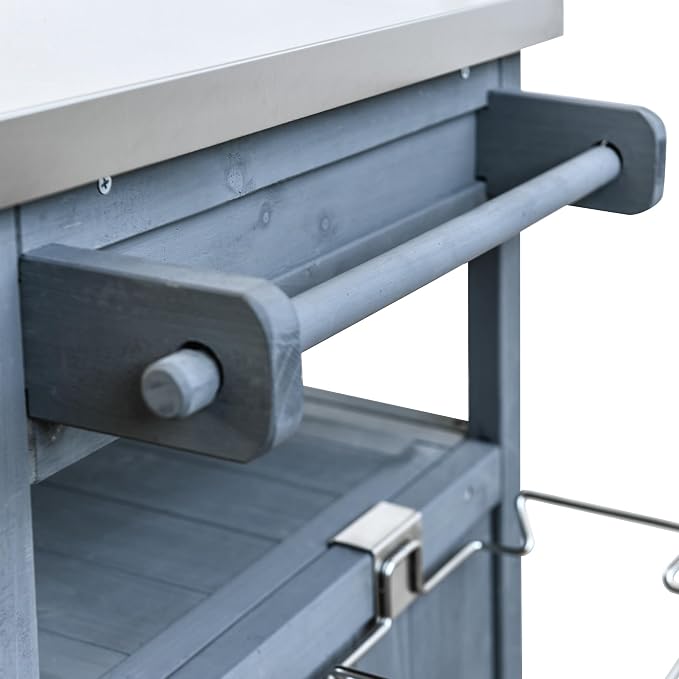 YOPTO 40.5" Outdoor Grill Cart,Stainless Steel Top,Fir Wood Cabinet,Drop Leaf,Lockable Wheels,Ample Storage,Towel Rack,Spice Rack,Bottle Opener,Blue Grey