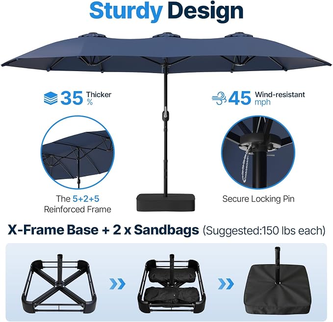 Suteck 15FT Patio Umbrella with Base Included, Dark Blue | Double-Sided, Crank Handle, UV & Fade Resistant Canopy, Poolside, Backyard, Deck, Market