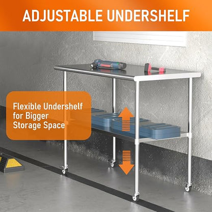 Stainless Steel Table with Wheels 24" x 48" Utility Worktable with Adjustable Undershelf for Commercial Kitchen, Garage, Restaurant