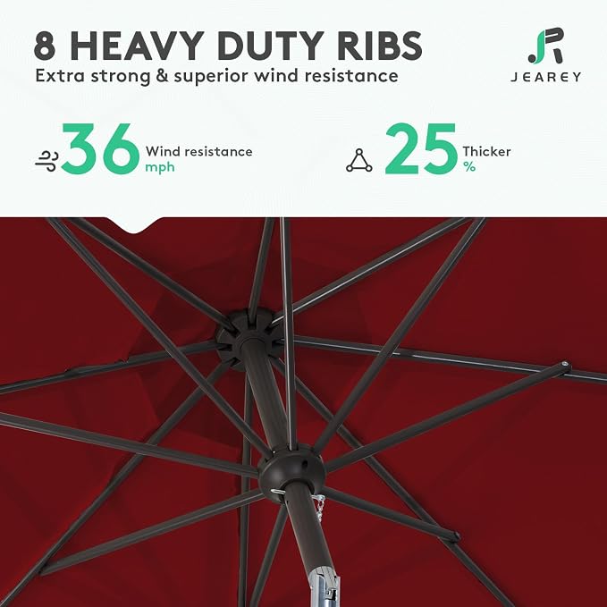 JEAREY 9FT Outdoor Patio Umbrella, Market Umbrella, Burgundy | Outdoor Table Umbrellas with 8 Sturdy， Tilt & Crank UV Protection Waterproof for Garden, Deck, Backyard, Pool
