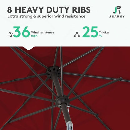 JEAREY 9FT Outdoor Patio Umbrella, Market Umbrella, Burgundy | Outdoor Table Umbrellas with 8 Sturdy， Tilt & Crank UV Protection Waterproof for Garden, Deck, Backyard, Pool
