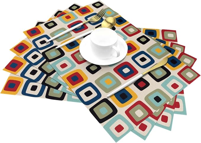 Mid Century Modern Retro Placemats Set of 4 Linen 12"x18" | Vintage Decorative Kitchen Table Mats for Dining Outdoor Holiday Party Farmhouse Home Decor Washable Place Mats