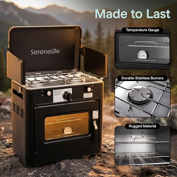 Camping Oven 3 in 1 Stove Oven Combo, Outdoor Camp Oven with 2 Burner Cooking, Piezo Ignition and Temperature Control, Compact RV for Camping and Tailgating