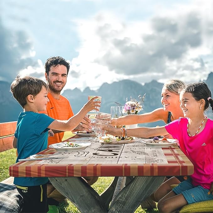 Picnic Table Cover with Bench Covers Elastic Edges, Red Camper Fitted Table Cover, Outdoor Patio Camping Essentials 72 Inch 3PCS, Waterproof Camping Fitted Tablecloth with Drawstring Bag
