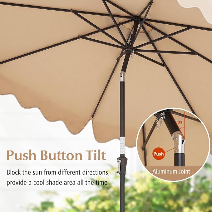 Tangkula 9Ft Patio Umbrella with Crank, 2-Tier Outdoor Umbrella with Push Button Tilt, Sun-Protective Canopy, 8 Ribs, Scalloped Patio Umbrella for Outdoor Beach Deck Pool Table (Beige)