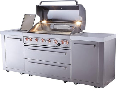 Mont Alpi Premium 94"W x 23"D x 46"H Stainless Steel Modular Outdoor Kitchen Island with Infrared Side Burner + 44"W 6-Burner BBQ Gas Grill + White Granite Countertops + Storage Cabinets & Drawers