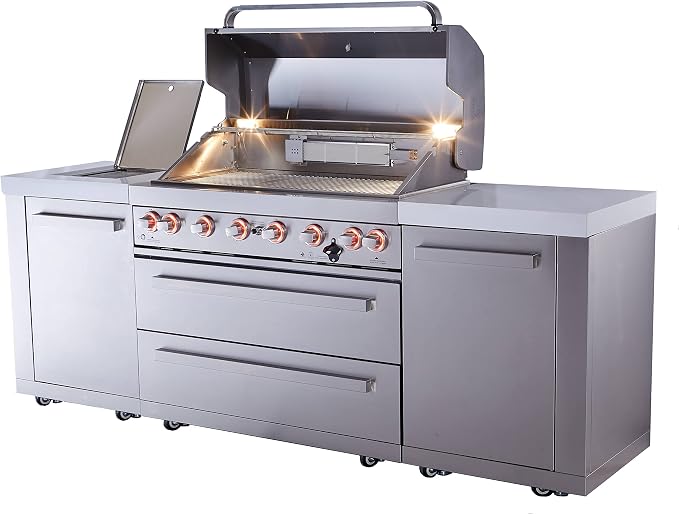 Mont Alpi Premium 94"W x 23"D Stainless Steel Modular Outdoor Kitchen Island with Infrared Side and Rear Burners + 44"W 6-Burner BBQ Gas Grill + White Granite Countertops + Storage Cabinets & Drawers