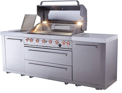 Mont Alpi Premium 94"W x 23"D Stainless Steel Modular Outdoor Kitchen Island with Infrared Side and Rear Burners + 44"W 6-Burner BBQ Gas Grill + White Granite Countertops + Storage Cabinets & Drawers