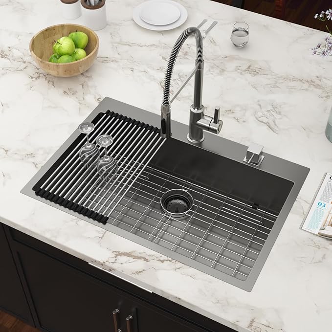 33x22 Drop In Kitchen Sink Black 16 Gauge Stainless Steel Single Bowl Drop Kitchen Sinks Nano PVD Gunmetal Black Handmade Large Deep Topmount Sinks, 33x22x9 Inch