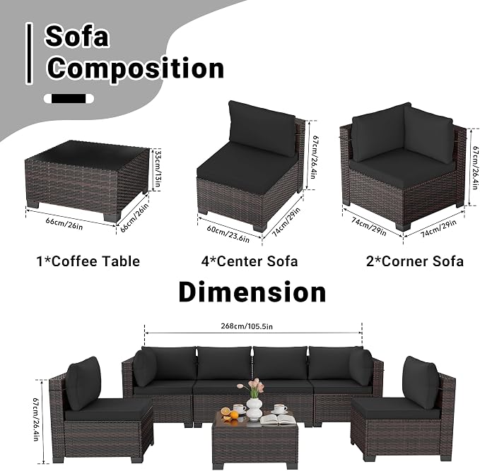LAFWELL 7 Pieces Outdoor Patio Furniture Sets,Rattan Conversation Sectional Set,Manual Weaving Wicker Patio Sofa with Tea Table
