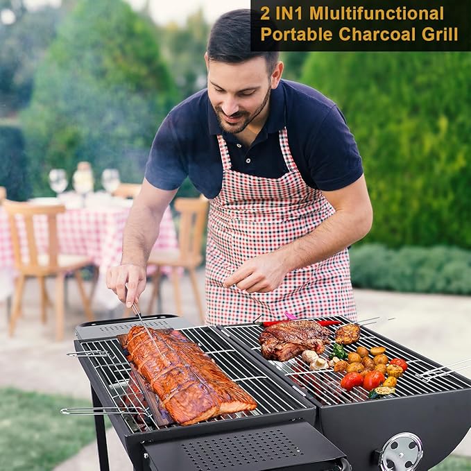 Double Charcoal Barrel Grill with Two Side Shelf, Stainless Steel Heavy Duty Grill For Outdoor Camping Backyard Picnic Party