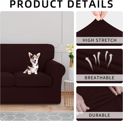 ISSUNTEX 4 Pieces High Stretch Thicken Couch Covers, Soft Sofa Slipcover for 3 Separate Cushion Couch, Jacquard Fabric Elastic Sofa Cover Furniture Protector for Dogs (Oversized Sofa, Wine)