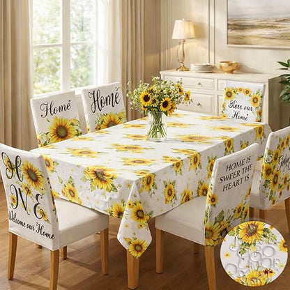 7 Pcs Sunflower Tablecloth and Chair Covers Set 60 x 84 Inch Waterproof Stain Rectangular Table Cover with Stretchable Removable Chair Slipcovers for Dining Room, Patio, Summer Parties
