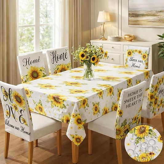 7 Pcs Sunflower Tablecloth and Chair Covers Set 60 x 84 Inch Waterproof Stain Rectangular Table Cover with Stretchable Removable Chair Slipcovers for Dining Room, Patio, Summer Parties