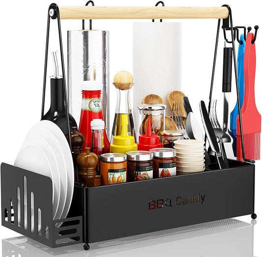JBBTOOL Grill Caddy with 2 Paper Towel Holders, BBQ Caddy for Outdoor Grill, Picnic Condiment Utensil Caddy, Camping Essentials, RV, Tailgating, Grilling Accessories, Camping Kitchen, Gifts for Men