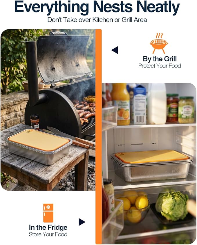 5 in 1 Grill Prep Tray and Carry System, Large Grilling Prep and Serve Tays with Lid and Cutting Board, Deep Meat Marinating Container as BBQ Grilling Gift, Home Series, XL
