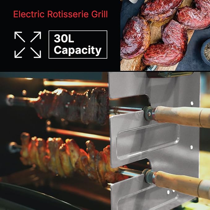 Brazilian Flame Indoor or Outdoor Rotisserie Grill Roaster with 2 Auto Rotating Skewers for Rotisserie Chicken, Steak, Fish, Brazilian Style BBQ, Electric Rotisserie Oven for Apartment or Home