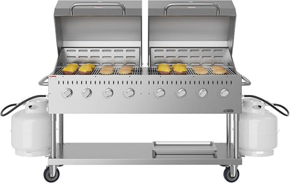 60 in. 8-Burner Commercial Outdoor Propane Gas Grill with 2 Roll Dome Covers in Stainless-Steel, ETL Listed (CGKIT6-D30D30)