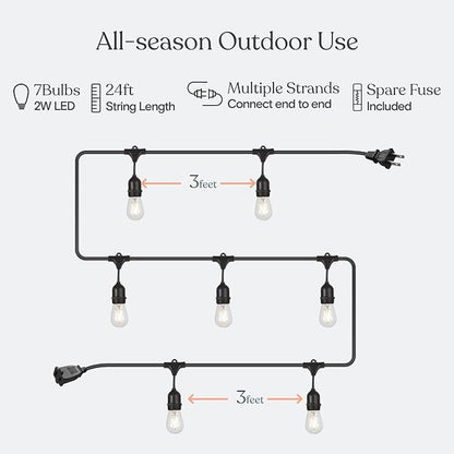 Brightech Ambience Pro - Waterproof LED Outdoor String Lights - 7 Hanging, Dimmable 2W Vintage Edison Bulbs - 24 Ft Commercial Grade Patio Lights Create Cafe Ambience in Your Backyard