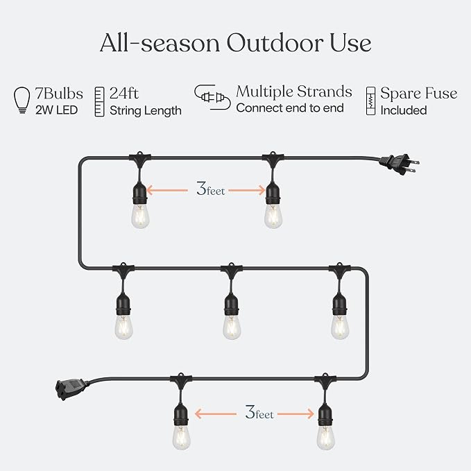 Brightech Ambience Pro - 24 Ft Waterproof LED Outdoor String Lights - Hanging, Dimmable 2w Vintage Edison Bulbs -Commercial Grade Patio Lights Create Cafe Ambience in Your Backyard - 7 Lights, Black