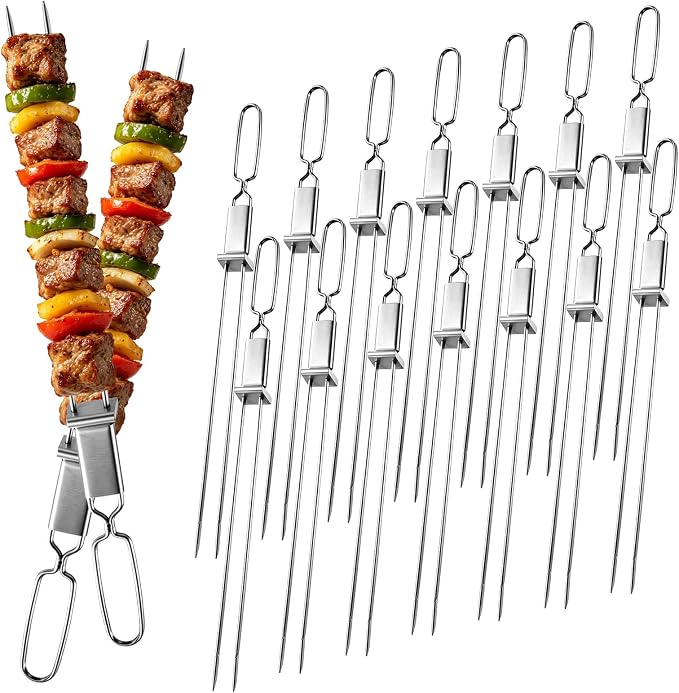 Skewers for Grilling, 16"（16PCS）Dual-Prong Flat Stainless Steel with Slider