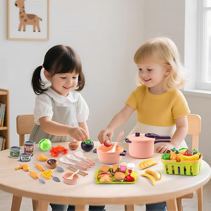 120Pcs Mini Play Kitchen Accessories, Kids Pretend Cooking Playset with Desserts, Cuttable Veggies & BBQ & Storage Basket, Educational Role-Play Gift for Toddlers, Child, Pink