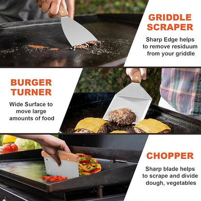 8Pcs Griddle Accessories Kit for Blackstone, Joyfair Flattop Grilling Accessory Tool Set with Stainless Steel burger Spatula Turner, Metal Flipper, For Outdoor BBQ Teppanyaki Hibachi, (Wooden Handles)