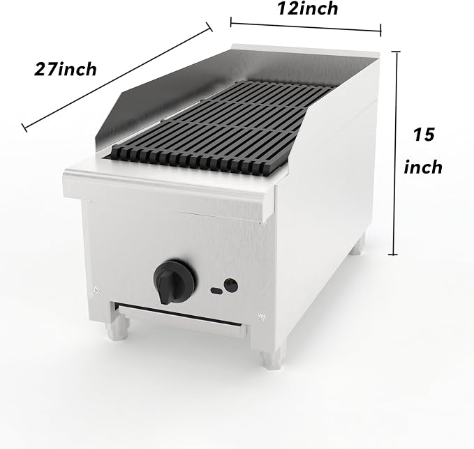 12" Commercial Propane Grill – 28,000 BTU 1-Burner Countertop Gas Grill with Cast Iron Grates & Lava Rocks, Convertible Between Propane & Natural Gas.Gas Charbroiler for Home & Commercial Kitchen.