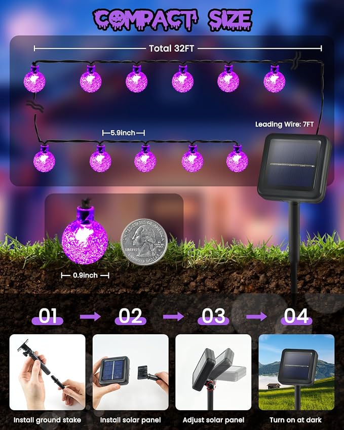 LORRYTE 2 Pack 64FT 100 LED Crystal Globe Solar Halloween Lights, Purple | Halloween String Lights Outdoor Waterproof, 8 Modes, Solar Powered Halloween Decorations for Outside Garden Patio Party Yard