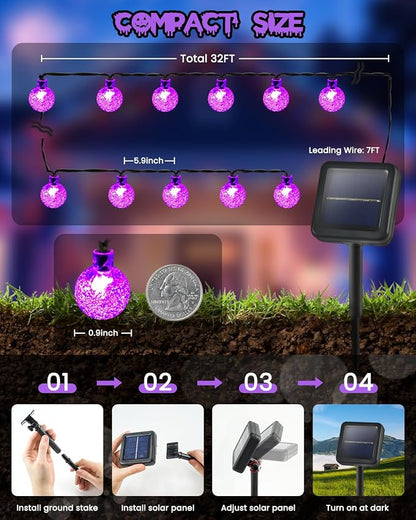 LORRYTE 2 Pack 64FT 100 LED Crystal Globe Solar Halloween Lights, Purple | Halloween String Lights Outdoor Waterproof, 8 Modes, Solar Powered Halloween Decorations for Outside Garden Patio Party Yard